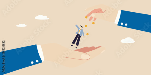Two hands exchanging coins near a small figure representing financial support