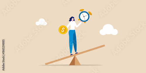 Balancing time and money a woman weighs options on a seesaw