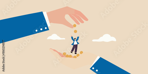 Hands providing financial support to a small person amidst clouds