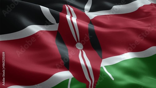 National flag of Kenya waving in a seamless loop with Maasai shield and spears on tricolor stripes