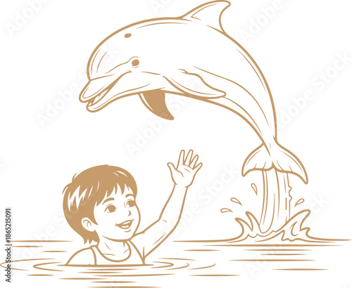 Child reaching for dolphin vector illustrations