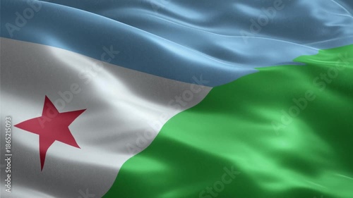 National flag of Djibouti waving in a seamless loop with light blue and green bands and red star