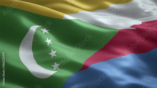 National flag of Comoros waving in a seamless loop with green triangle crescent moon and four stars