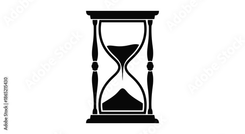 A striking black and white illustration depicts an ornate hourglass with flowing sand a timeless silhouette