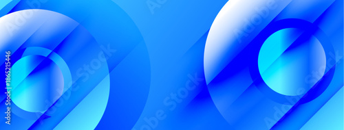 Abstract blue design features overlapping circles, lines. Modern, dynamic composition creates visual interest. Smooth gradients enhance depth.