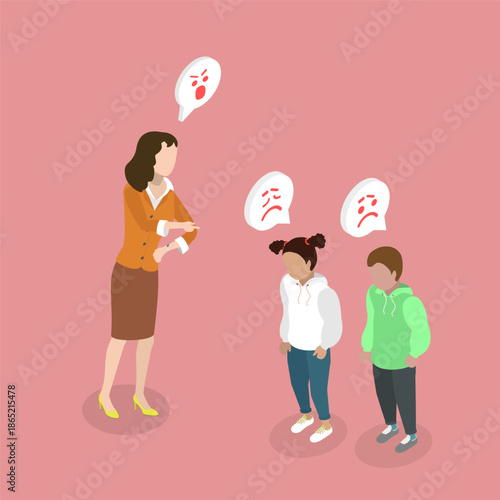 3D Isometric Flat Vector Illustration of Child Scolding, Mother Harshly Reprimands Scared Children