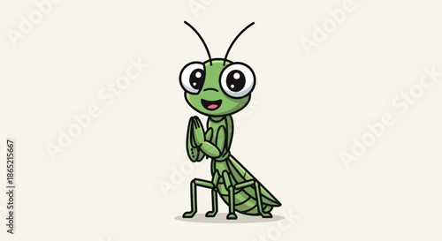 Smiling cartoon praying mantis character in a friendly pose, standing isolated on a plain light background