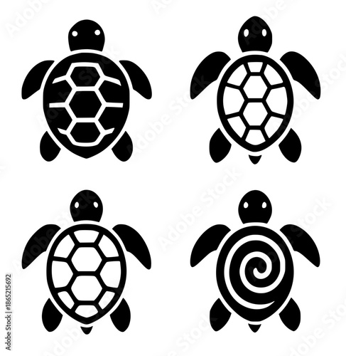 4 turtle illustration icons, silhouette, transparent background