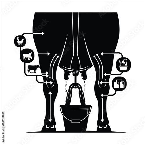 Cow udder milking process silhouette representing agricultural workflow and dairy farm infographic in black and white