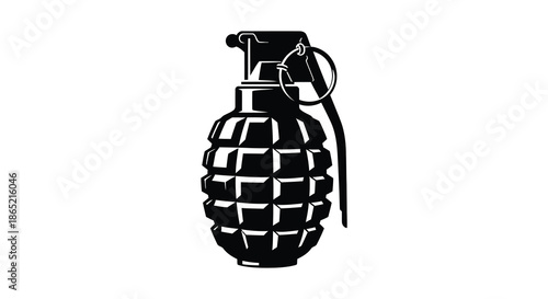A striking black and white image depicting a hand grenade in a bold graphic silhouette