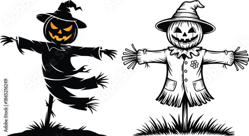 Halloween Scarecrow Characters Illustration, Spooky Pumpkin Farm Art.