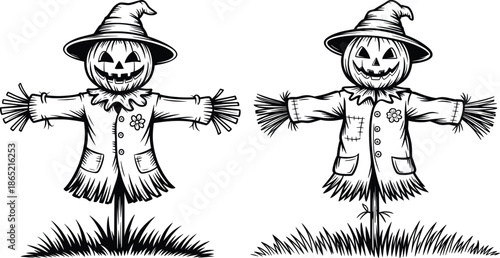 Halloween Scarecrow Pumpkin Character Spooky Vector Illustration.