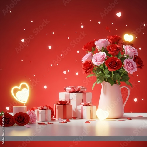 Romantic Valentine’s Day Background with Roses and Gift Boxes