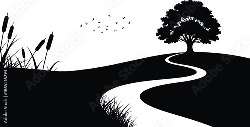 Nature landscape silhouette illustration, winding river path, lone tree hill, flying birds, peaceful countryside scenery, black vector art