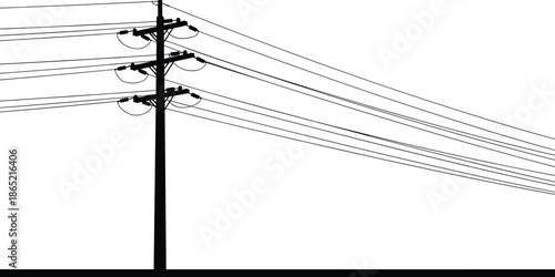 electric power pole silhouette, overhead transmission lines, utility infrastructure illustration, black power lines, energy distribution concept, minimal industrial design
