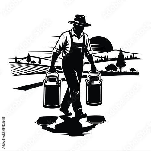 Farmer carrying milk cans silhouette representing rural economy and traditional dairy supply chain in black and white