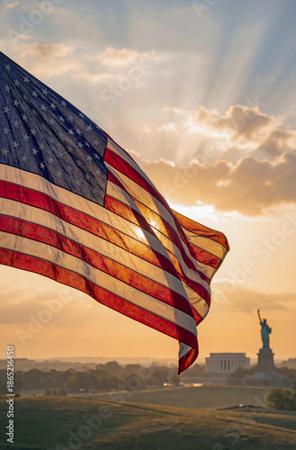 A close-up of the American flag waving against the sky and the Statue of Liberty.