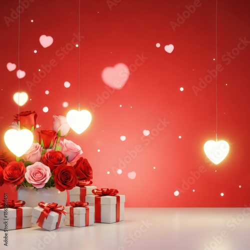 Romantic Valentine’s Day Background with Roses and Gift Boxes