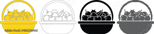 Fruit basket icons in yellow solid outline and halftone styles on transparent background