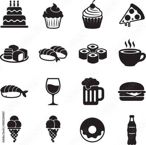 Black and white of various foods and drinks including cakes cupcakes pizza sushi coffee wine beer burger grapes donuts and soda also transparent background