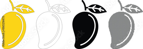 Mango fruit icon set yellow black line outline halftone isolated on transparent background vector illustration flat design