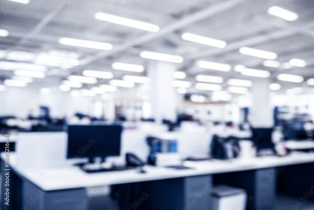 Naklejka premium Beautiful blurred background of a light modern office interior, ffice space in an unfocused view. Modern blurred background photo for banner, poster or magazine and website background. High quality.