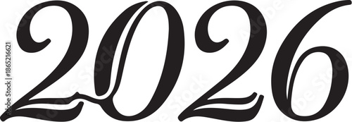 Black cursive text displaying the year 2026 with decorative swashes underneath each digit also transparent background