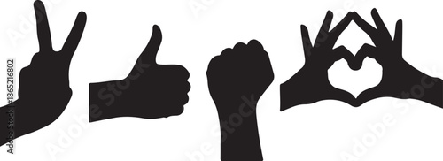 Four Black Silhouette Hand Gestures Peace Sign Thumbs Up Fist Heart Shape also transparent background