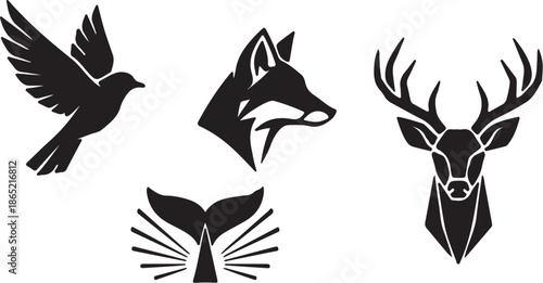 Four Black Silhouettes of a Bird, Fox, Deer, and Fish in a Symmetrical Arrangement also transparent background