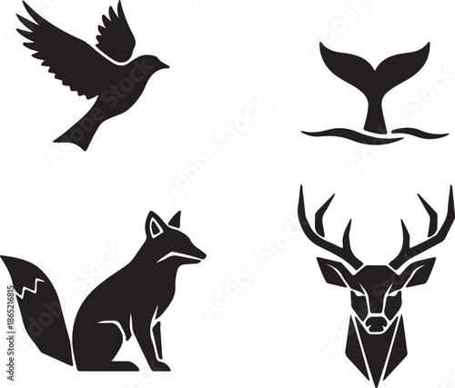 Four black silhouettes of a bird, whale tail, fox, and deer head on white background also transparent background