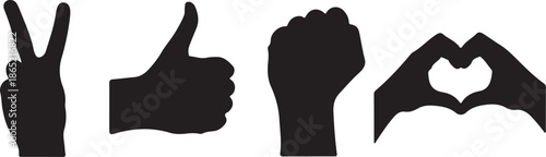 Four Black Silhouettes of Hand Gestures Including Peace Sign Thumbs Up Fist and Heart Symbol also transparent background