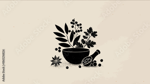 Elegant black silhouette of natural herbs, spices, and a bowl with spoon, symbolizing traditional medicine, wellness, and healthy ingredients.