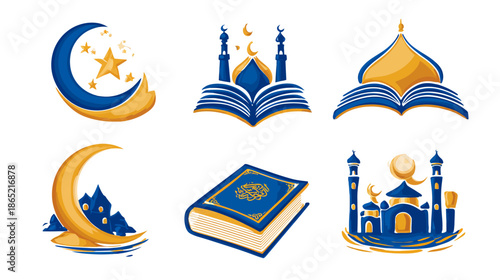 Blue and gold Islamic religious symbols set. Crescent moon, stars, mosque, and holy book vector illustrations for spiritual design and holidays.