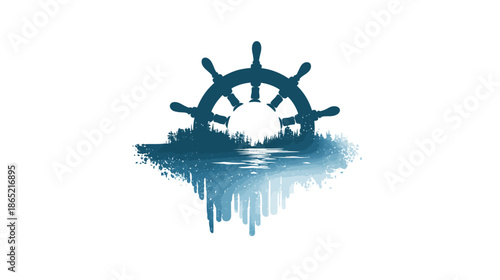 Distressed ship's wheel icon with water reflection and abstract waves on white. Vintage nautical emblem in a painterly blue style.