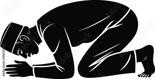 Muslim man performing sujud prayer position in traditional cap silhouette style