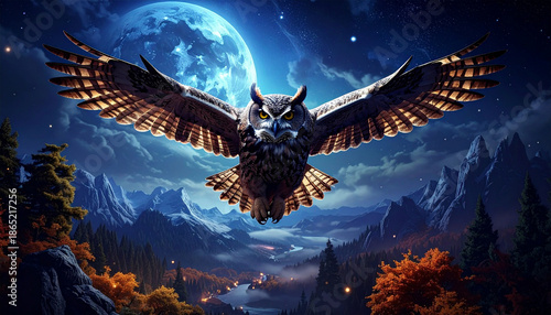 An owl soaring majestically through a moonlit night sky over a mountainous landscape