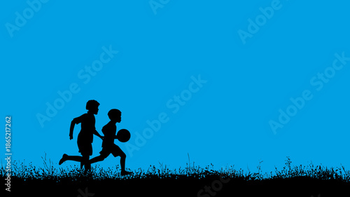 Dynamic silhouettes of two young boys running and playing with a ball against a vibrant blue background, symbolizing childhood joy and freedom.
