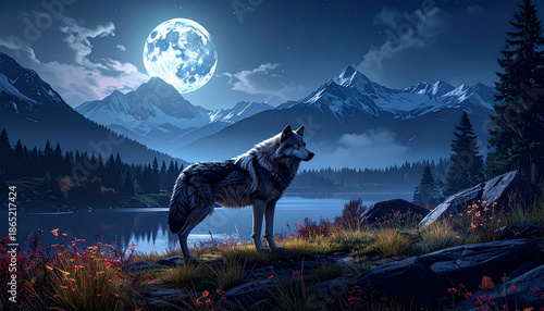 A majestic wolf standing under the moonlight in a scenic mountain landscape