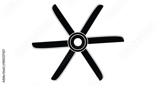 A striking black and white depiction of a ceiling fan with six blades presented as a silhouette