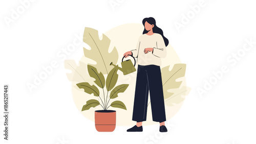 Woman watering potted plant, flat design illustration