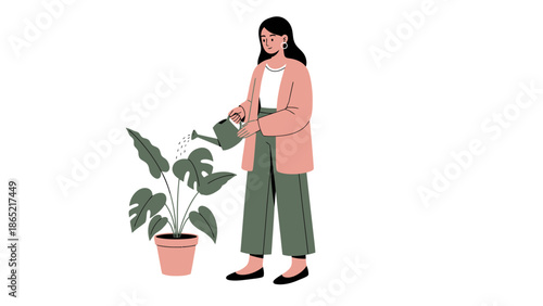 Woman Watering Potted Plant, Home Gardening Illustration, Healthy Lifestyle