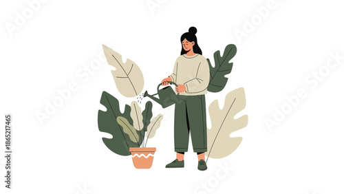 Woman watering potted plant with watering can, surrounded by large leaves, flat illustration