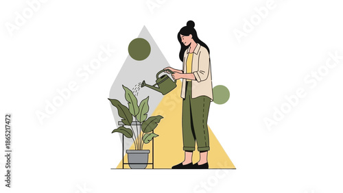 Woman watering potted plant, houseplant care, home gardening, illustration, flat design