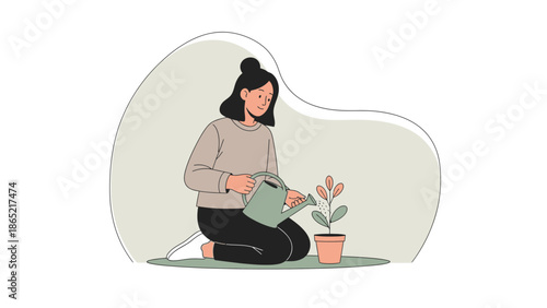Woman watering potted plant, home gardening, illustration