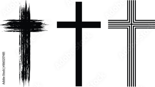 Set of three Christian cross designs in black and white, grunge, solid, and line style religious symbols for faith, church, worship, and spiritual design use