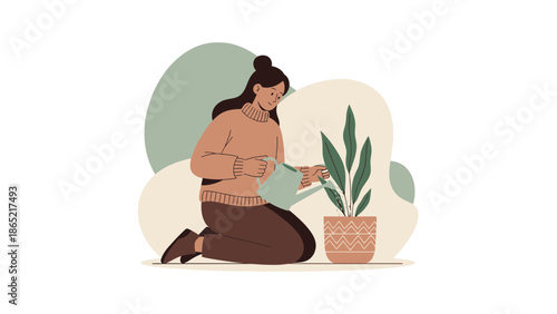 Woman watering potted plant, illustration of home gardening and plant care, cozy interior scene