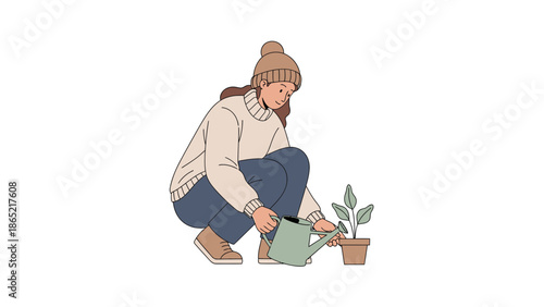 Woman watering potted plant, wearing winter clothes, illustration