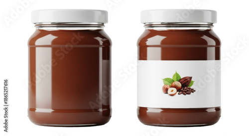 Clear glass jar filled with rich, glossy chocolate-hazelnut spread, deep brown and creamy, against a transparent background with copy space, gourmet food marketing concept