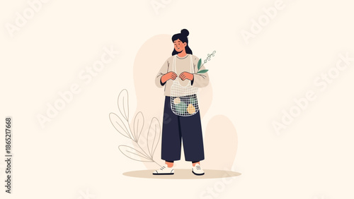 Woman with reusable shopping bag holding greenery, eco-friendly lifestyle illustration