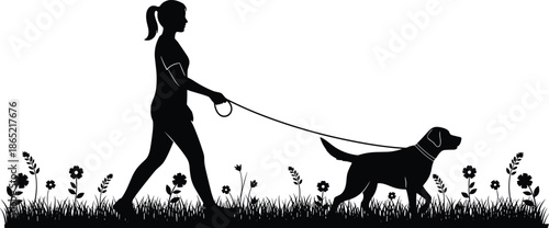 Woman Walking Dog on Leash Silhouette Illustration with Flowers and Grass, Outdoor Pet Care and Daily Walking Activity Concept in Black and White Style